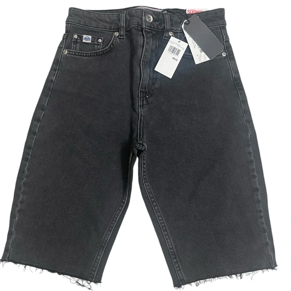 NWT Superdry Cut Off Denim Jean Kari‎ Longline Shorts 26 Coastline Black shorts